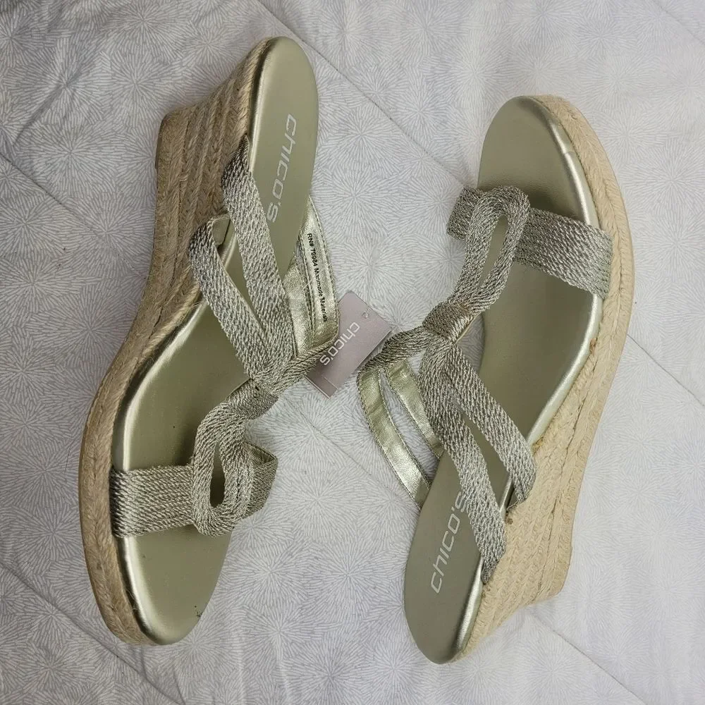 Chicos Lana Wedge Metallic Tan jute espadrille heels boho vacation neutral NWT 9